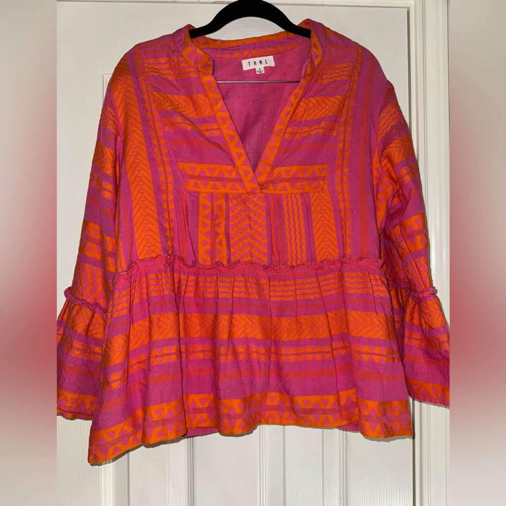THML Pink and Orange Printed V-Neck Tunic